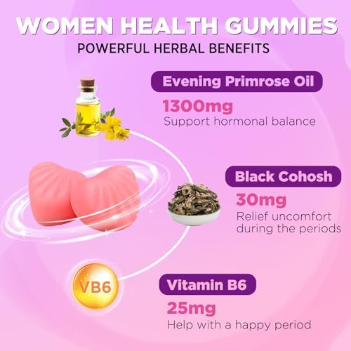 Evening Primrose Oil Gummies 1300mg with Black Cohosh & Vitamin B6, Sugar-Free, PMS Relief Supplements for Women 20-45, Chewable PMS Gummies, Strawberry Flavor, Vegan, Pectin, 120 Count