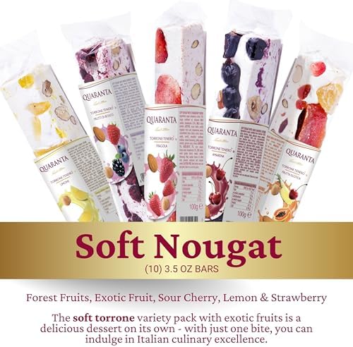 Quaranta Italian Nougat Fruit Bars 10 Pack – Soft Torrone Candy – 2 Bars Each of Forest Fruits, Exotic Fruit, Sour Cherry, Lemon & Strawberry – Gluten-Free, GMO-Free, Palm Oil-Free – 3.5 Oz Each