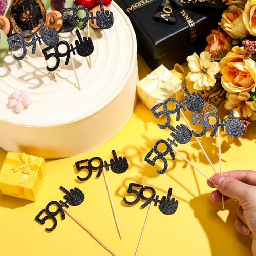 24 Pieces 59 + 1 Cupcake Toppers Funny 60th Birthday Cupcake Picks Glitter Black Middle Finger Cake Toppers for Happy 60th Birthday Party Anniversary Decorations