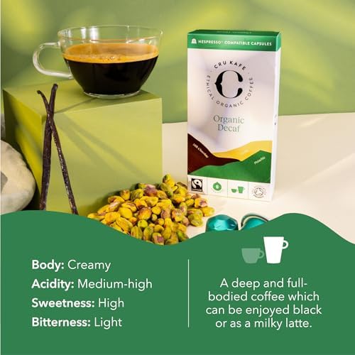 Cru Kafe Decaf USDA Organic Espresso Coffee Capsules (10 Pods) Fairtrade Coffee Pods Compatible with Nespresso Original Line and Pixie Machines