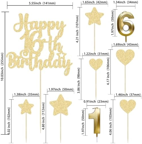 Gyufise 15Pcs Happy 16th Birthday Cake Topper Set with Heart Star Glitter Cheers to 16 Years Cake Picks Number 16 Candles Cake Decorations for Happy 16th Birthday Anniversary Party Supplies Gold