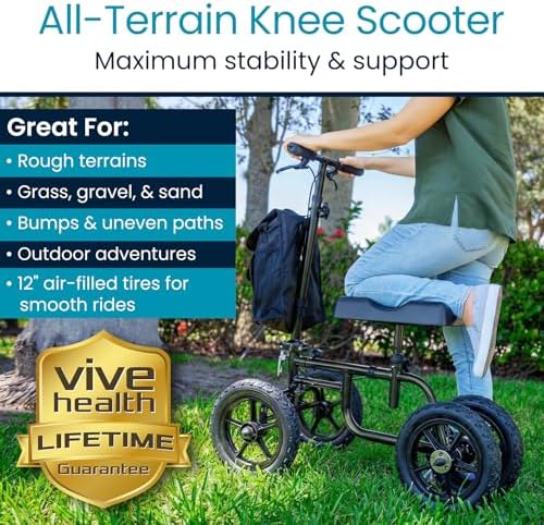 Vive Mobility All Terrain Knee Scooter Walker for Foot Injuries - Adult Broken Leg Crutch Cart Roller for Surgery, Broken Foot, Ankle Injury - Kneeling Rolling Steerable Seated Wheel Scooter Aid