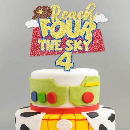Glitter Reach Four the Sky Birthday Cake Topper Cartoon Story 4th Bday Decorations Blue Sky Clouds 4th Birthday Party Supplies for Boys