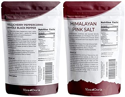 Viva Doria Tellicherry Whole Black Peppercorns, 12 oz & Himalayan Pink Salt, Coarse Grain, 2 lb | Salt and Pepper Combo, For Grinder Refills, 2 Piece Set