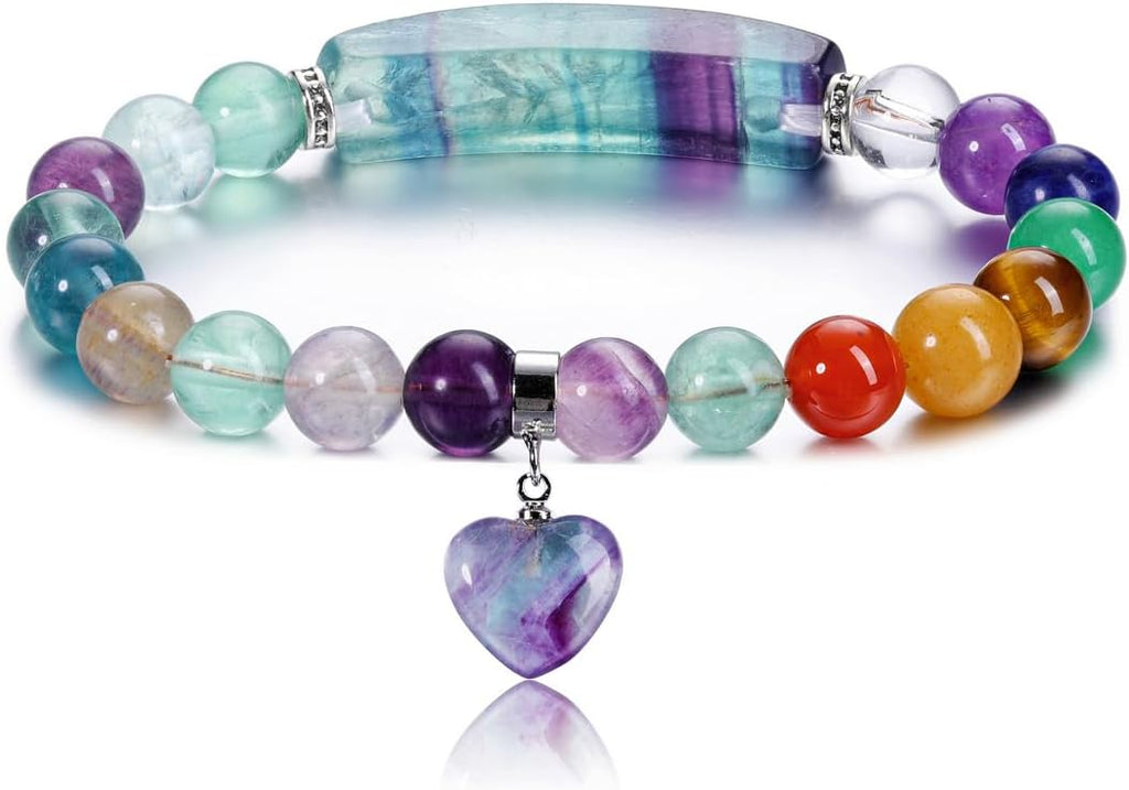 Jovivi 7 Chakra Bracelets for Women Men Natural Chakra Gemstones 8mm Round Beads Amethyst Crystal Heart Bracelet Reiki Healing Stones Energy Stretch Bracelet Jewelry Gifts