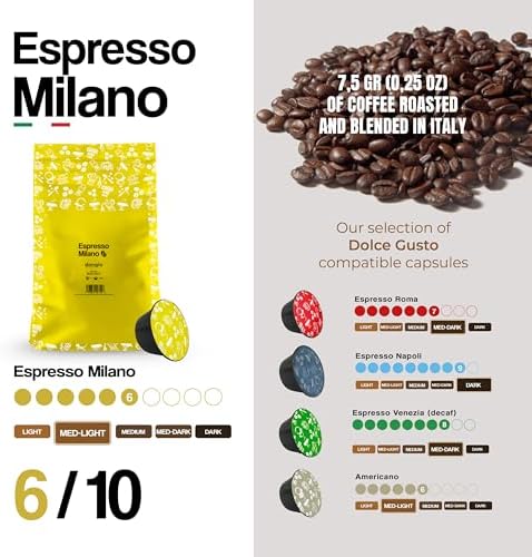 Dongiò Caffè Espresso Milano, Capsules Compatible with Nescafe Dolce Gusto system, 100 Count of Single-Serve Coffee pods (5 Boxes of 20 capsules each) Med-Light Roast | Intensity 6/10