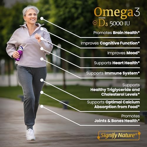 SIGNIFY NATURE Omega 3 Fish Oil Supplement with Vitamin D3 5000 IU - 1000mg Triglyceride Capsules for Brain Health - Omega3 EPA DHA + VIT D 3-90CT