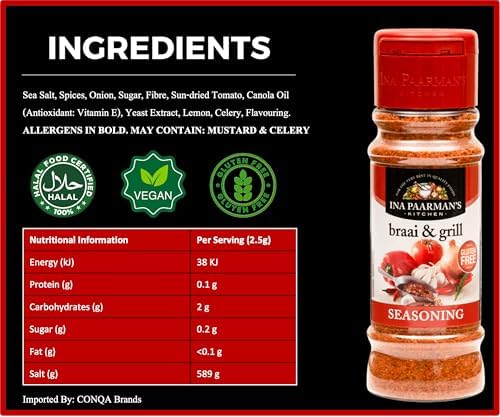 Ina Paarman | Braai & Grill Seasoning | 6.75 oz | Award Winning | Pairs with Beef, Lamb, Chicken, Pork, Fish, Veg | BBQ | Steak | Ribs | Natural Ingredients | Spice | Braai & Grill BBQ Seasoning