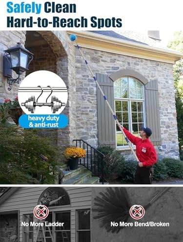 Cobweb Duster with Extension Pole, 8 ft Spider Web Brush for Outdoor House Cleaning, Cob Web Remover for High Ceilings Fans, Medium-Stiff Bristles Round Head, Steel Long Handle, Lightweight Cleaner