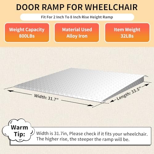 Door Threshold ramp, Door ramp for 2in to 8in Rise, Heavy Duty Front Door ramp for Elderly wheelchairs/Walkers/Scooters(33.5" L*31.7" W, Alloy Iron, 32LBs, Max 800LBs)