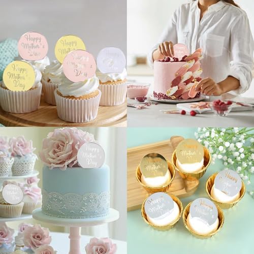 12 Pcs Happy Mother's Day Cupcake Topper Mirror Mini Round Dessert Cake Food Acrylic Accessories Party Best Mom Decorations Supplies