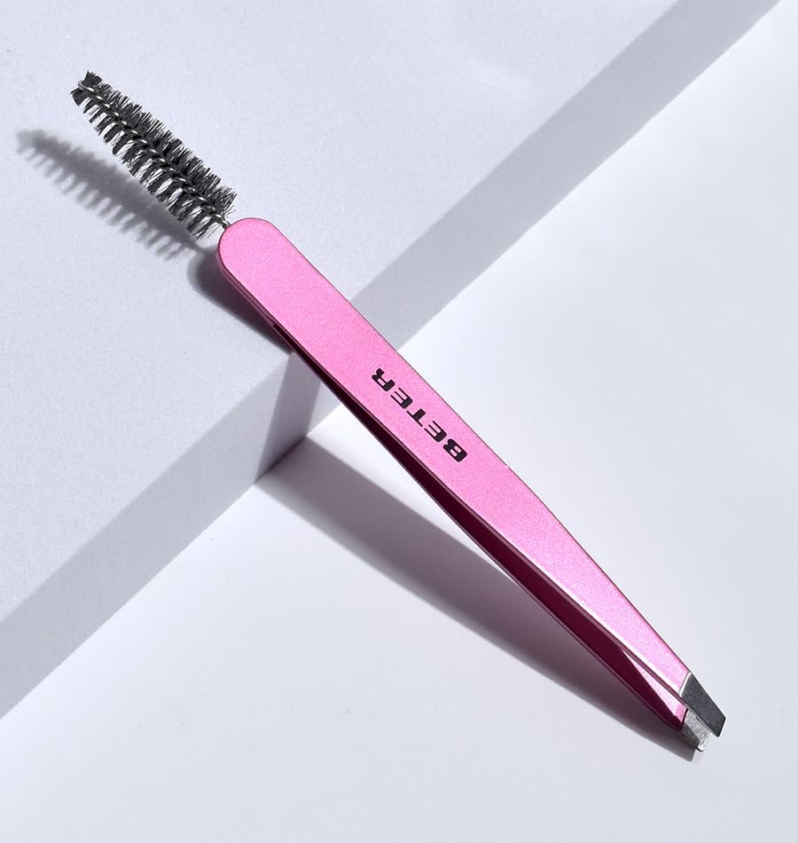 BETER – Dual-Function Tweezers, Exclusive 2-in-1 Design with Slanted Tip and Brow & Lash Brush, Precision Hair Removal, Stainless Steel
