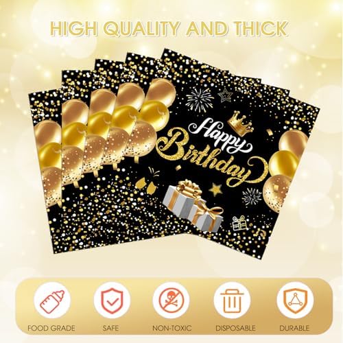 40PCS Happy Birthday Napkins Black and Gold Theme Disposable Paper Napkins for Dinner Picnic Birthday Party Supplies Decorations for Man Woman
