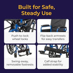Drive Medical Blue Streak Lightweight Wheelchair - Portable Folding Mobility Aid - Swing-Away Footrests - Desk Arms - Durable Steel Frame - Easy Transport & Storage - 18-Inch Seat