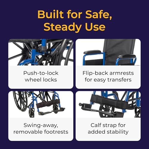 Drive Medical Blue Streak Lightweight Wheelchair - Portable Folding Mobility Aid - Swing-Away Footrests - Desk Arms - Durable Steel Frame - Easy Transport & Storage - 18-Inch Seat