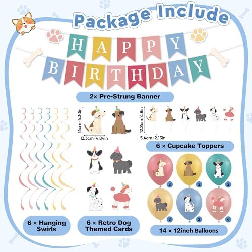 28Pcs Dog Birthday Party Decoration Set Include Vintage Dog Birthday Banner Puppy Print Hanging Swirls Dog Balloons Cupcake Toppers Retro Puppy Decorations for Baby Shower Pets Themed Party Supplies