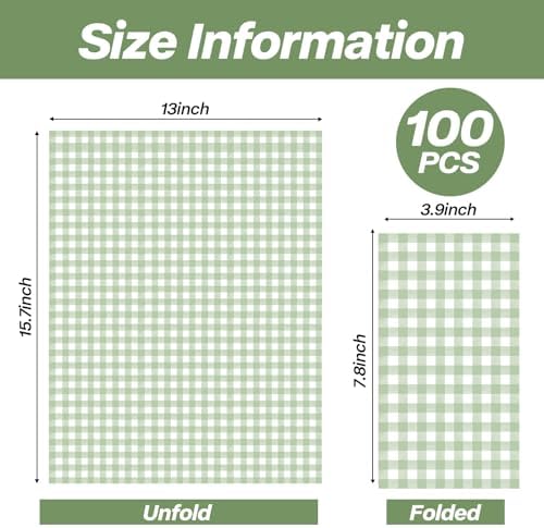 100 Pcs Sage Green Gingham Napkins Disposable - Sage Green and White Checkered Paper Napkins - Plaid Dinner Napkins for Picnic Birthday Wedding Bride Shower Party Supplies