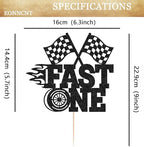 Fast One Cake Topper - Black Glitter Race Car Theme 1st Birthday Party Cake Decoration, Racing Car Checkered Flag First Birthday Party Supplies Photo Booth Props
