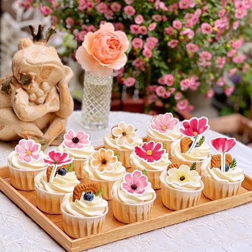 Edible Daisy Flowers Cake Toppers 52pcs – Yellow, Pink & White Wildflower Wafer Paper Cupcake Decorations for Wedding, Birthday, and Themed Cakes –Edible Floral Decorations for Desserts (Wildflower-A)