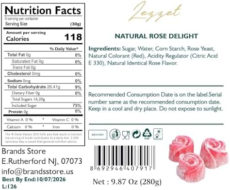 Lezzet, Handmade Rose Turkish Delight, Traditional Lokum, 15 Pieces, Premium Lokum with Real Rose Flavor with Gift Box, 9.87 oz (280gr)