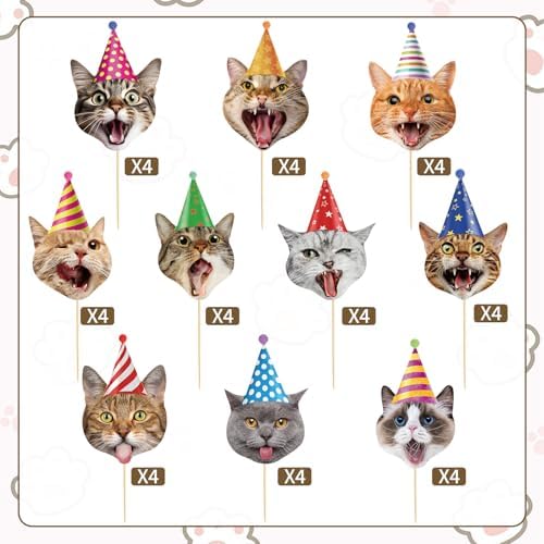 Hooqict 40Pcs Cat Cupcake Toppers Birthday Cupcake Toppers Cake Decorations for Kids Boys Girls Pet Cat Themed Birthday Party Decorations Supplies
