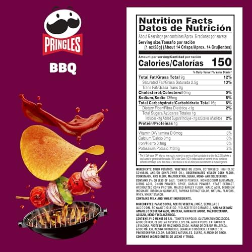 Pringles Potato Crisps Chips, Lunch Snacks, On-The-Go Snacks, BBQ, 5.5oz Can (1 Can)