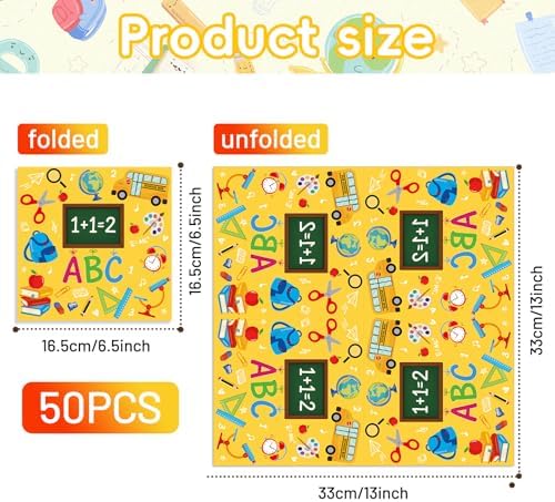Pack of 50 Back to School Paper Napkins, Yellow School Supplies Design Disposable Party Napkins for Classroom, Teacher Appreciation, Kindergarten, First Day of School Decoration, 13x13 Inches Unfolded