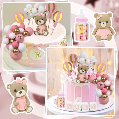 44 PCS Bear Cake Toppers - Mini 3D Bear BABY Letters Milk Bottle Pink Gold Foam Balls Cake Toppers for Boy Girl Birthday Party Baby Shower Cake Decorations