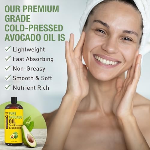 NEW Cold Pressed Avocado Oil For Hair, Skin, & Face - Big 32oz - Premium Grade & Hexane Free, 100% Pure, GMO Free, & Non-Greasy Carrier Oil for Natural Hair and Skincare - Great with Essential Oils