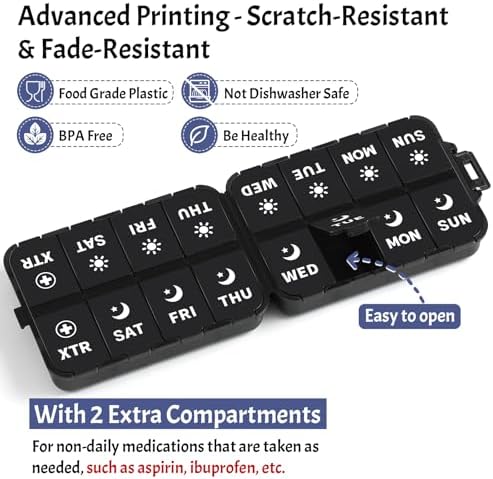 Foldable Weekly Pill Organizer 2 Times a Day with 2 Extra Compartments (Clear Printed Labels) - Portable 7 Day AM PM Medicine Box, Week Daily Travel Pill Case Holder for Vitamin, Supplement - Black