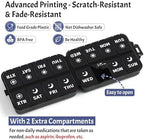 Foldable Weekly Pill Organizer 2 Times a Day with 2 Extra Compartments (Clear Printed Labels) - Portable 7 Day AM PM Medicine Box, Week Daily Travel Pill Case Holder for Vitamin, Supplement - Black