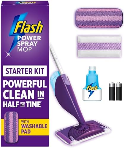 Flash Power Spray Mop Floor Cleaner Starter Kit, All-in-One Mopping System (6 Disposable + 1 Washable Pad + 1.25L Refill), Powered Deep Clean for Your Hard Floor Surfaces