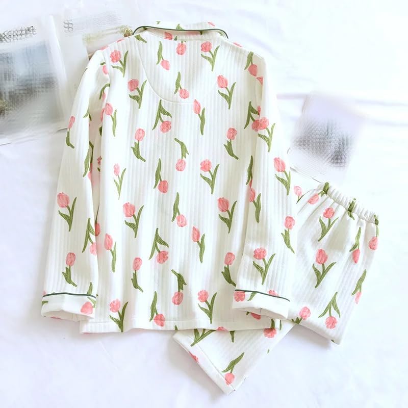 REHJJDFD Women Thick Cotton Pajamas Set Autumn Long-Sleeved Trousers Warm Loose Home Service Sleepwear