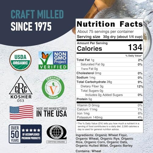 Great River Milling Organic 7 Grain Blend Bread Flour | Unbleached & Unbromated | Non-GMO, Kosher Certified | Hearty Multi-Grain Flour for Breads, Muffins & Everyday Baking | 5 Lb