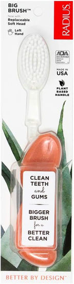 RADIUS Toothbrush Big Brush with Replaceable Head, Left Hand, Soft in Coral Sparkle, BPA Free and ADA Accepted, Designed to Improve Gum Health and Reduce The Risk of Gum Disease