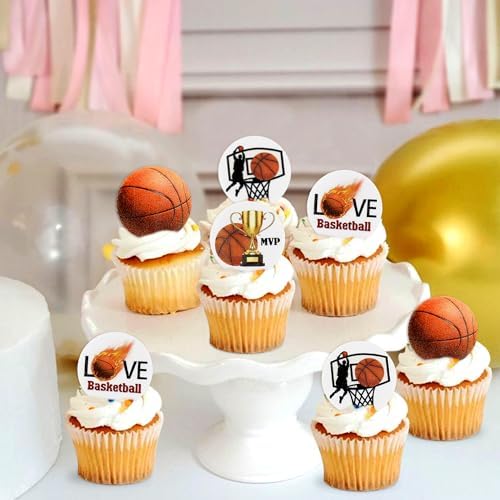 40Pcs Edible basketball Cupcake Toppers for Wafer Paper Basketball Players Sports Theme Cupcake Picks Basketball Drink Topper Children Birthday Party Cake Decorations