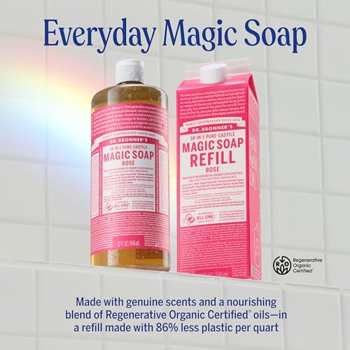 Dr. Bronner's Pure-Castile Magic Soap Liquid- Made with Regenerative Organic Certified Oils- For Body, Face, Hair, Dishes, Laundry, Vegan Bath Soaps for Men & Women, Non-GMO - Rose, 32oz + Refill