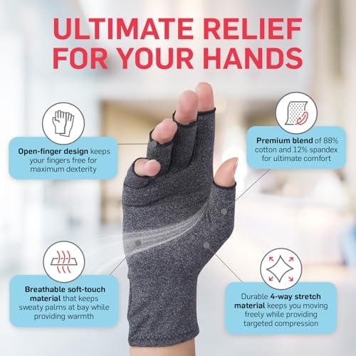 Dr. Arthritis Essentials Open-Fingertip Arthritis Gloves, Compression Gloves Ideal as Raynauds Gloves, Hand Brace for Arthritis (Grey, Medium)