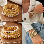 KISS WIFE Gold Bracelets for Women Gold Bracelet Stack Pearl Beaded Bracelets for Women Strand Bead Ball Stretchable Elastic Bracelet Set Adjustable Fashion Accessories Jewelry for Gifts