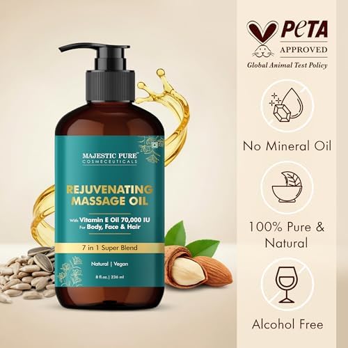 MAJESTIC PURE Vitamin E 70k Blend Massage Oil for Massage Therapy- Refreshing and Relaxing- Natural Oils with Almond, Jojoba, Argan & Avocado for All Skin Types- Men and Women Massage Lotion- 8 fl oz