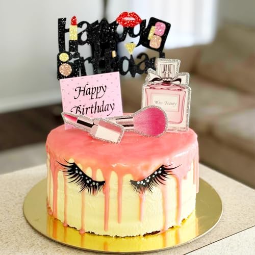 22Pcs Makeup Cake Topper, Lipstick Perfume Eyelash Diamond Brush Cosmetic Cupcake Toppers, Happy Birthday Decoration for Birthday Bridal Shower Girl Women Makeup Salon Spa Party Supplies