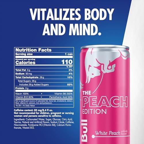 Red Bull Peach Edition Energy Drink, White Peach, 8.4 fl.oz., 24 cans, with 80mg Caffeine, Taurine & B Vitamins