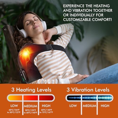 Shoulder Heating Pad Massage - 3 in 1 Cordless Electric Vibration Heated Brace Compression Wrap Massager - Warmer Device to Support Deep Tissue Relief Therapy Rotator Cuff Pain Frozen Arm