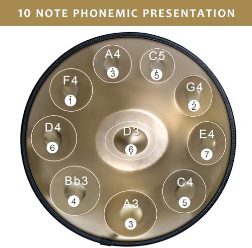Handpan Drum 22 Inches D Minor Kurd, 432Hz 10 Notes Hand Drum Instrument, Premium Steel Drum, Handpan Instrument for Adults (Gold)