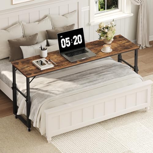 Overbed Table with Wheels, Queen Size Mobile Bed Desk with Adjustable Height, Rolling Table, Laptop Table, Recliner Desk, for Bedroom, Living Room, Office, Rustic Brown MTHR18001