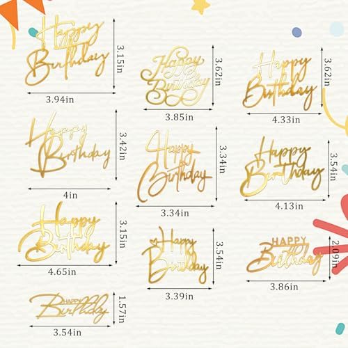 10PCS Gold Happy Birthday Cake Toppers Mirror Acrylic Cake Toppers, Gold Acrylic Birthday Cupcake Toppers for DIY Cake Decor Cake Tools Birthday Party Supplies