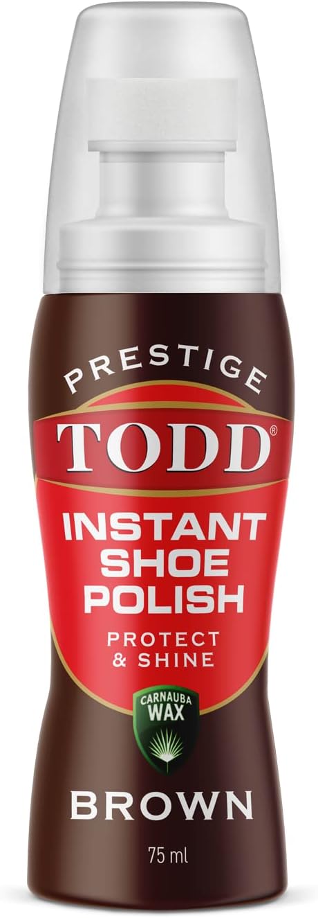 TODD Prestige Liquid Shoe Polish Brown with Carnauba Wax 2.5 FL. OZ. | Instant Shine and Protect for Shoes, Boots, Bags | 75ml Bottle with Sponge