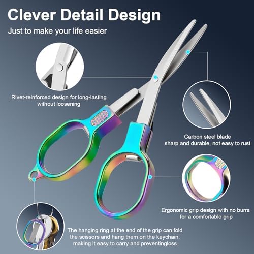 2 Pcs Folding Stainless Steel Portable Mini Travel Scissors, Safety Foldable Pocket Badge Small Scissors All Purpose with 2 Keychain for Travel, Home, Office, Craft, Sewing, Nurse Accessories (Color)