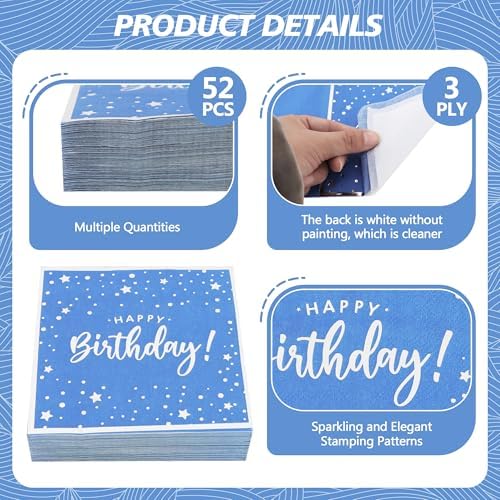 Vuzvuv 52 Pack Happy Birthday Cocktail Napkins with Confetti Silver Stamping - Birthday Party Dinner Hand Napkin for Party Supplies Decorations Table Decor for women man(5" Folded 3 Ply-Blue)