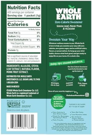 Whole Earth Zero Calorie Stevia, Monk Fruit & Allulose Sweetener Packets, Zero Calorie Sugar Substitute, Keto-Friendly, Non-GMO, No Erythritol, Erythritol-Free, Pouch, 400 Count